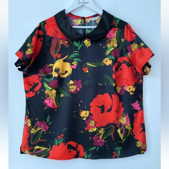 Anthology Tops - Anthology Black Floral Satin Type Collared Blouse Sizes 18, 20